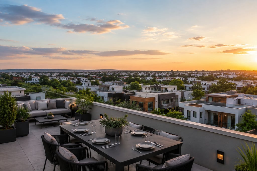 Rooftop dining terrace overlooking a city at sunset