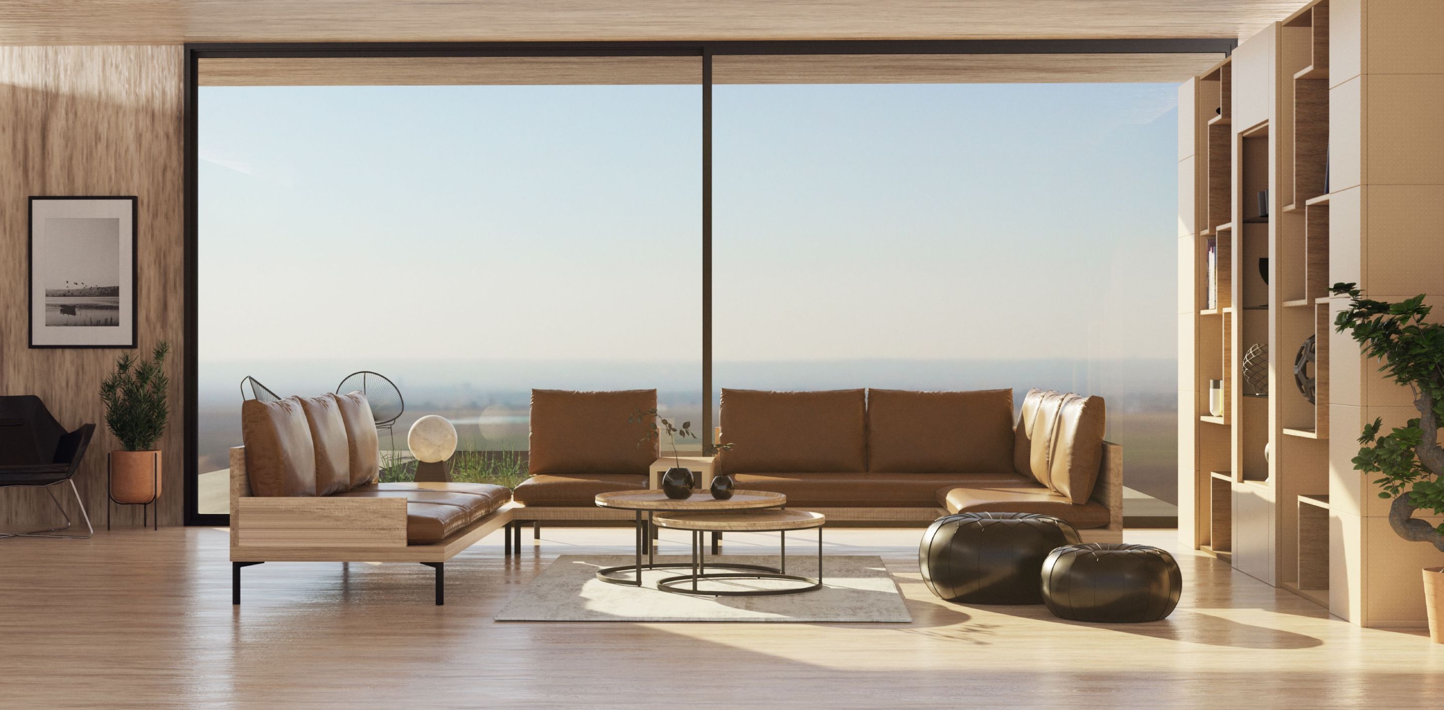 A bright, designer-furnished living room with a city view
