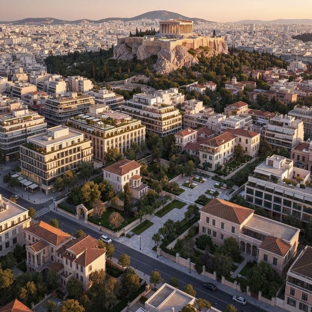 Aerial view of Athens with the Acropolis in the background, Greece